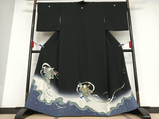 平和屋着物●本加賀友禅作家 山名田明生 黒留袖 風神雷神 正絹 AABB0161zg