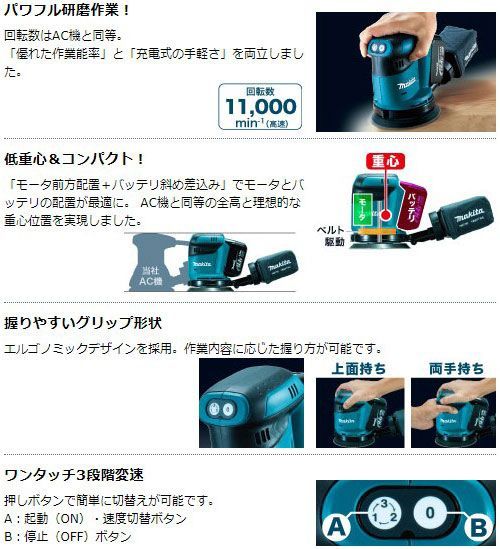 正規店 マキタ 充電式 ランダムオービットサンダ 125mm BO180DZ 18V バッテリ 充電器 別売 makita DIY 充電式 コードレス バッテリー 工具 電動 研磨 電動工具 サンダー プロツール