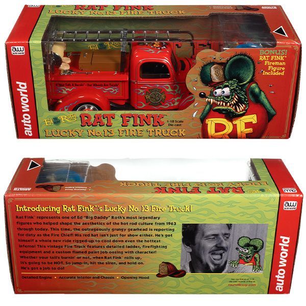 AUTO WORLD 1:18 RAT FINK LUCKY No.13 FIRE TRUCK w/ RAT FINK