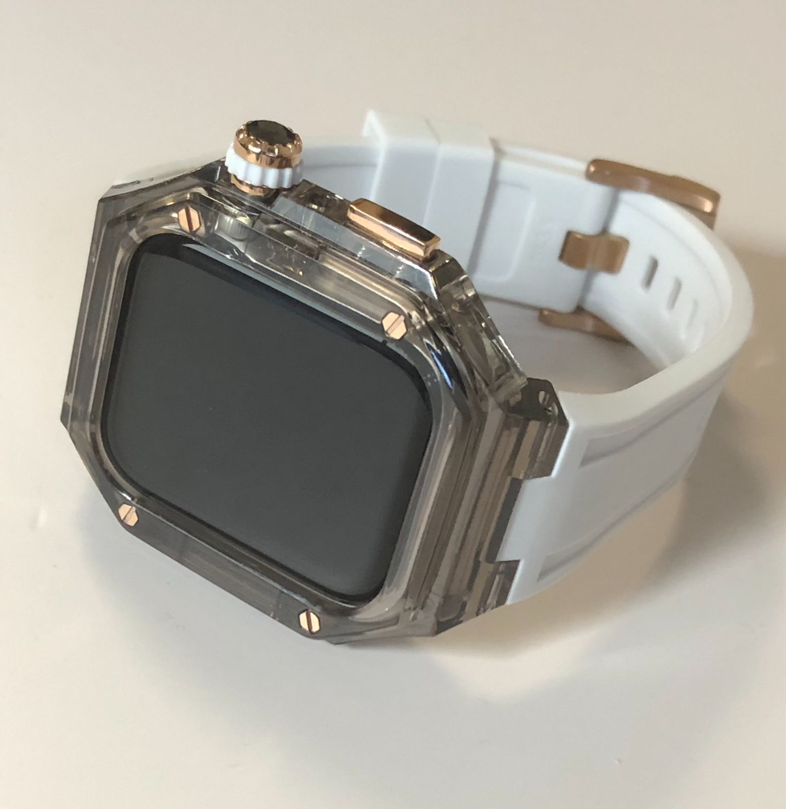 GimelZayin zc rg ブラッククリア　ホワイト★アップルウォッチ ラバーベルト カバー クリア ケース 40mm 41mm 44mm 45mm 46mm 49mm スポーツ メンズ レディース　4スクリュー Apple Watch バンド