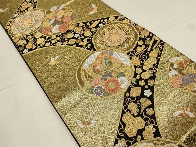 新品正絹最高級多色織松竹梅文唐織吉祥錦特撰礼装兼振袖用本袋帯西陣名門森正織物謹製 平和屋着物▽六通柄袋帯 唐織 花鳥宝尽くし文 松竹梅 黒地 金糸