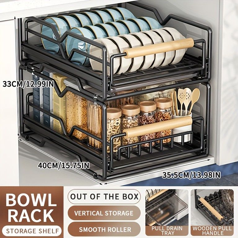 キッチンキャビネット用 スライド式ワイヤーバスケット ブラック収納ラックディッシュラック