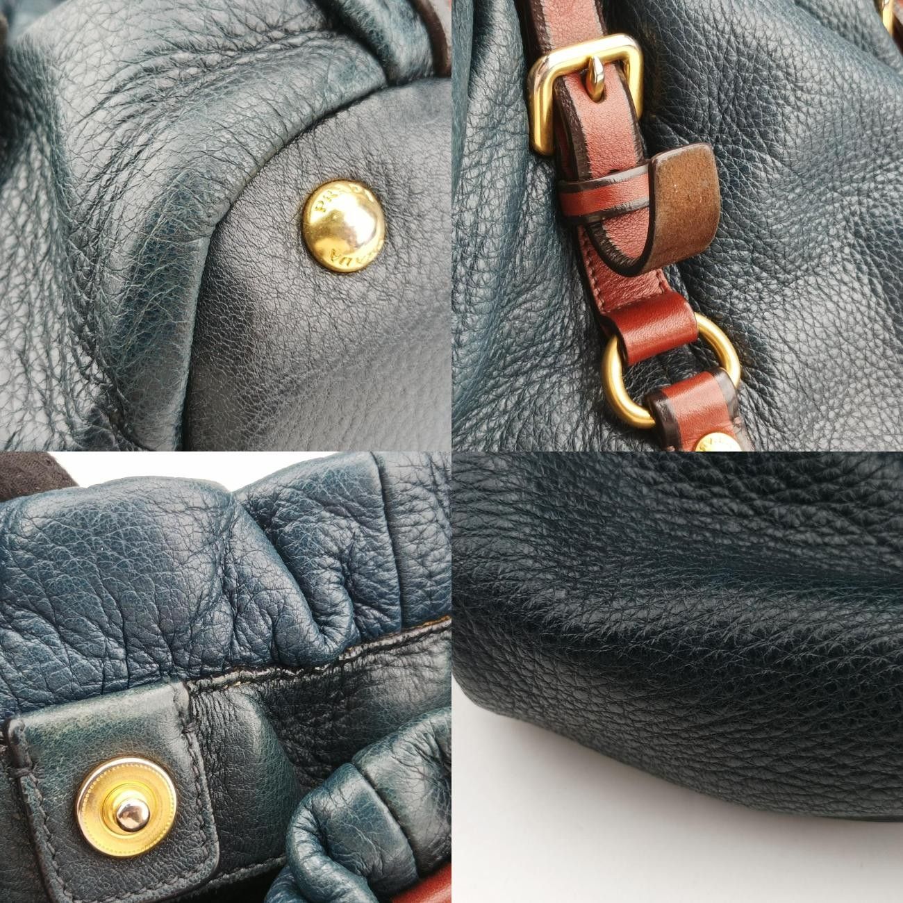 プラダPradaスクエアバックルネイビー×ブラウンレザーBN1773129