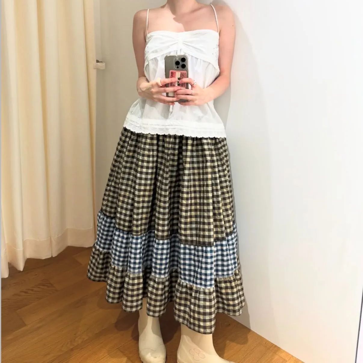 Coyseio 大小チェック柄拼接 ブロックデザイン ルーズウィングスカート ミッドレングス スカート 2色展開 SIROKUMA-CORPORATION_COM
