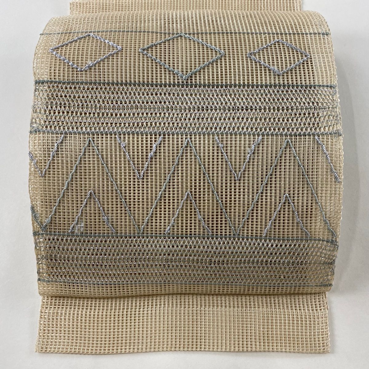 名古屋帯 秀品 夏帯 羅 八寸名古屋帯 幾何学模様 横段 ベージュ