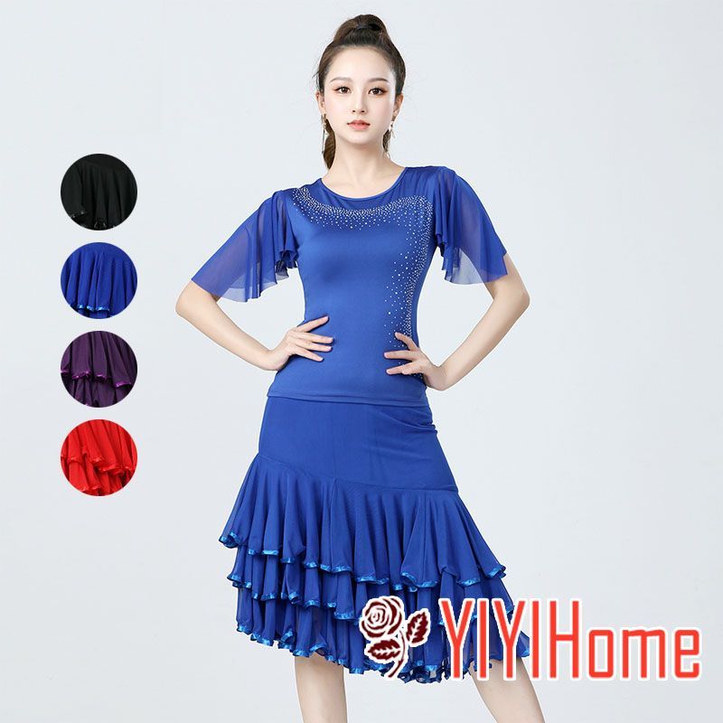 ハロウィン 社交ダンス ドレス 短袖 トップス スカート ２点セット モダンダンス衣装 競技用　舞台用　ブラック ネイビー パープル レッド