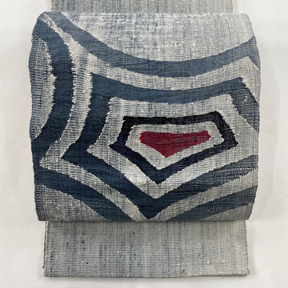 すごい値！名古屋帯 八寸 正絹 吸い取っ 綴れ 濃グレー地 縞 モダン  