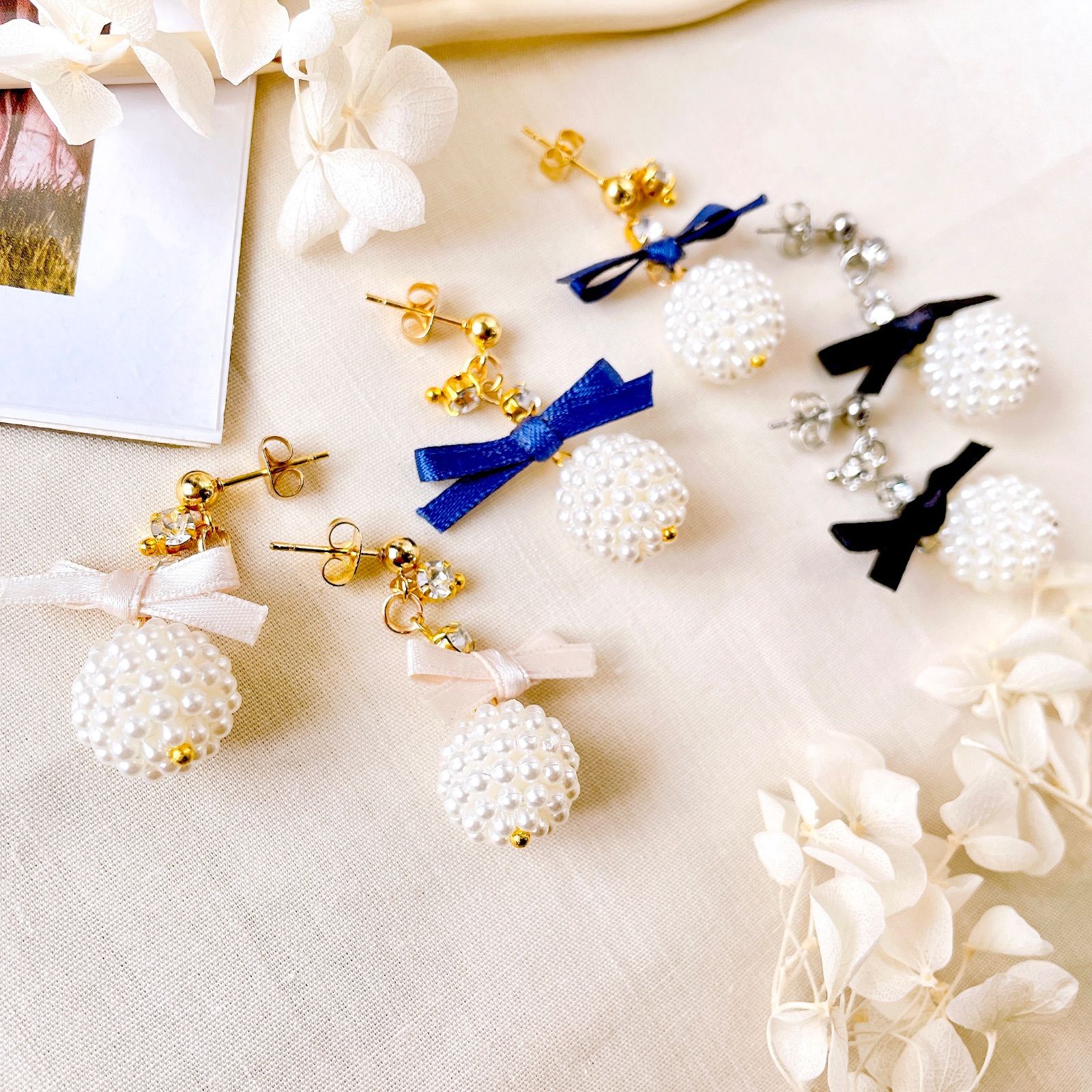 リボン×パール♡ハンドメイドピアス《304ステンレス 24KGP 本金メッキ 