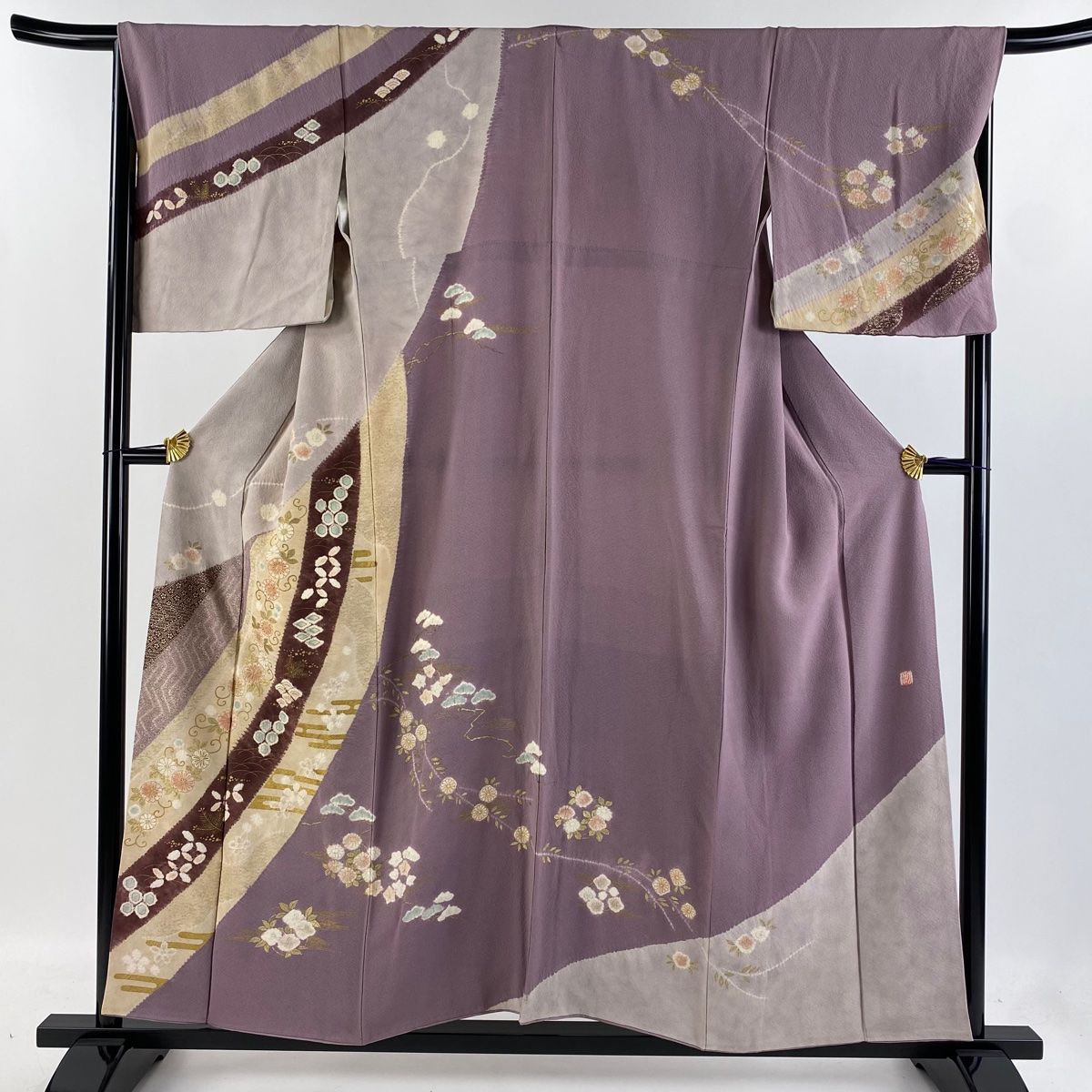 訪問着 身丈155cm 裄丈67.5cm L 袷 滝泰 落款 菊唐草 若松 金彩 絞り  