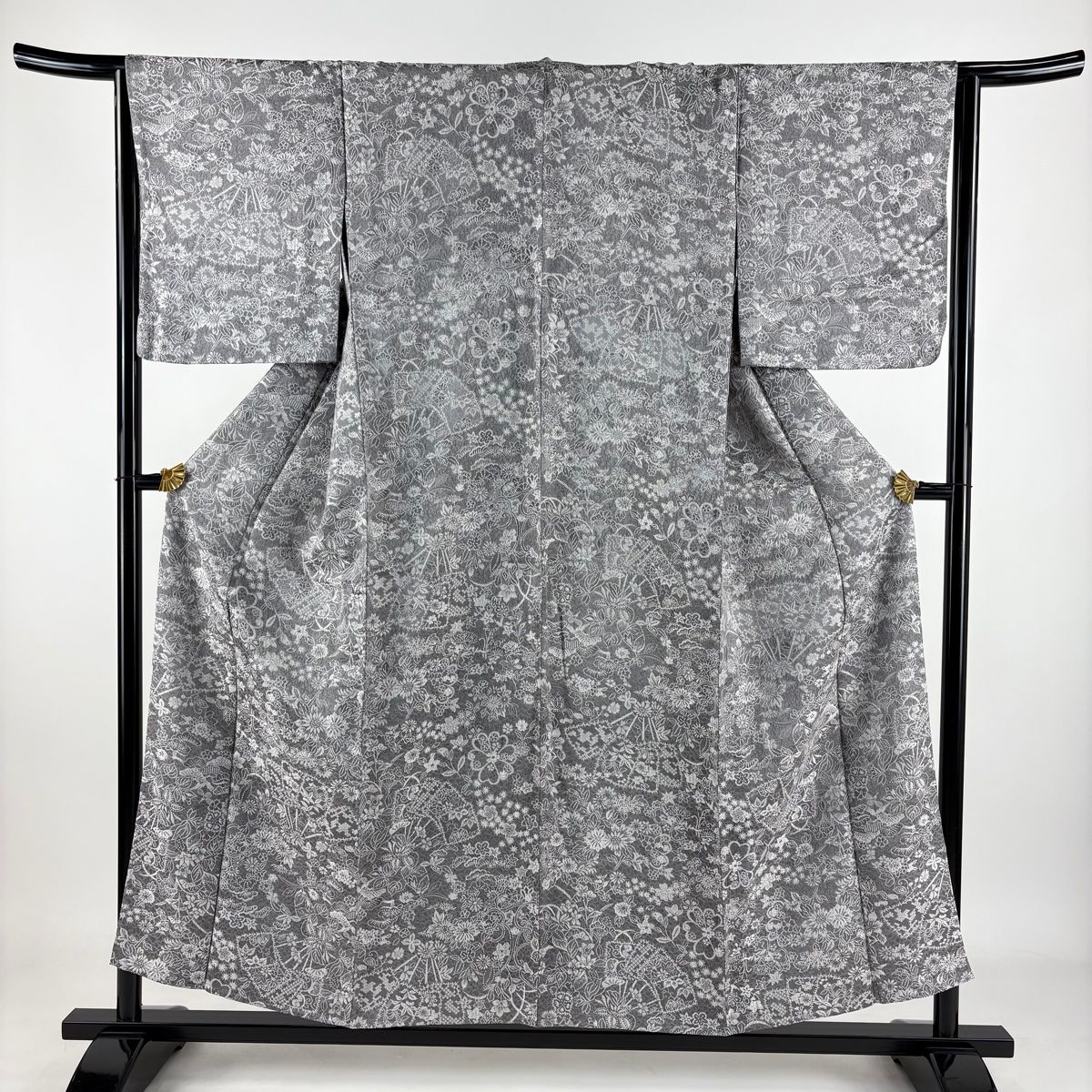小紋 身丈155.5cm 裄丈64cm M 単衣 扇 草花 紋意匠 灰色 正絹