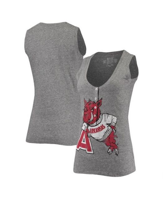 送料無料 オリジナル レトロ ブランド レディース タンクトップ トップス Women s Heathered Gray Arkansas Razorbacks Relaxed Henley Tri-Blend V-Neck Logo Tank Top H
