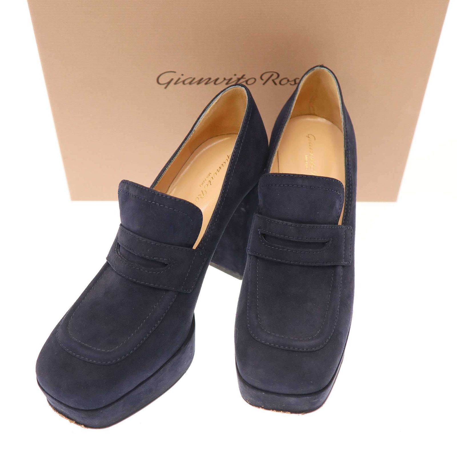 Gianvito Rossi ジャンヴィト ロッシ ROUEN ブロックヒール スエードパンプス G25242 ネイビー 37