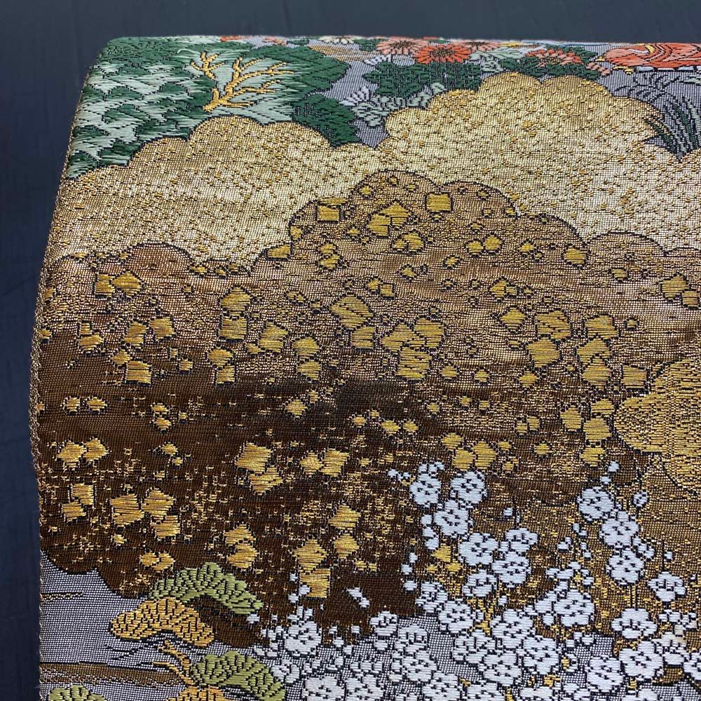 袋帯】刺繍 金 黒 全通柄袋帯 色無地 訪問着 付け下げ 中古 礼装 正絹