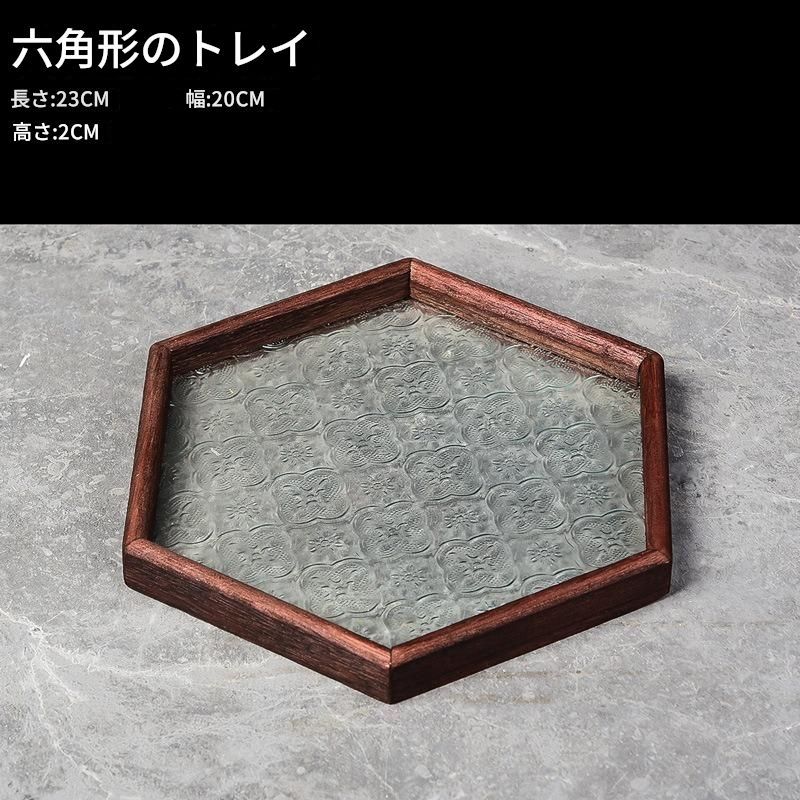 アンティーク　トレー　お盆　ガラス付き　木製 六角形トレイ お盆 エンボスガラス 木製フレーム おしゃれ トレイ