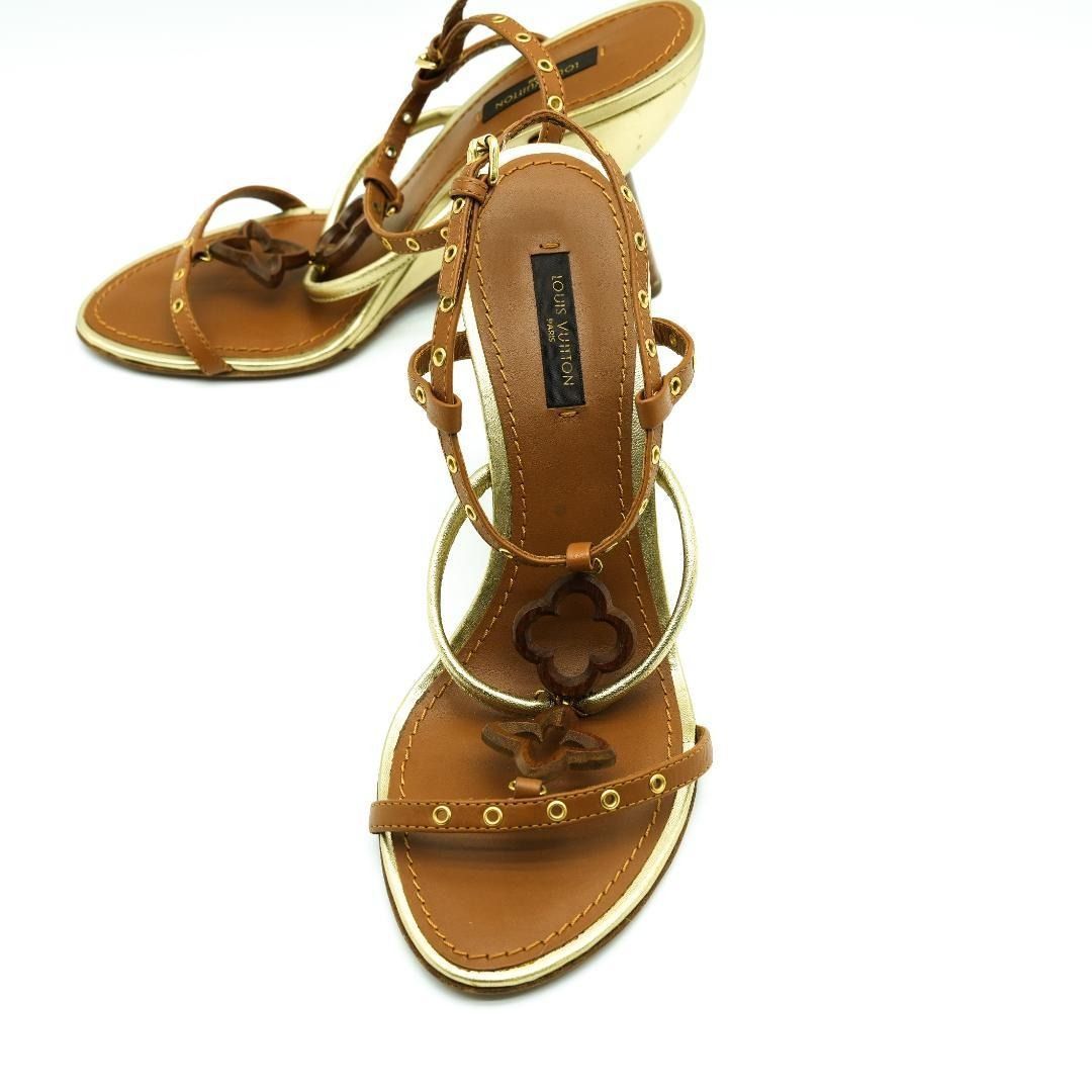 Louis Vuitton ルイヴィトン アンクル ストラップ ヒール サンダル37.5 24cm相当 ブラウン ゴールド