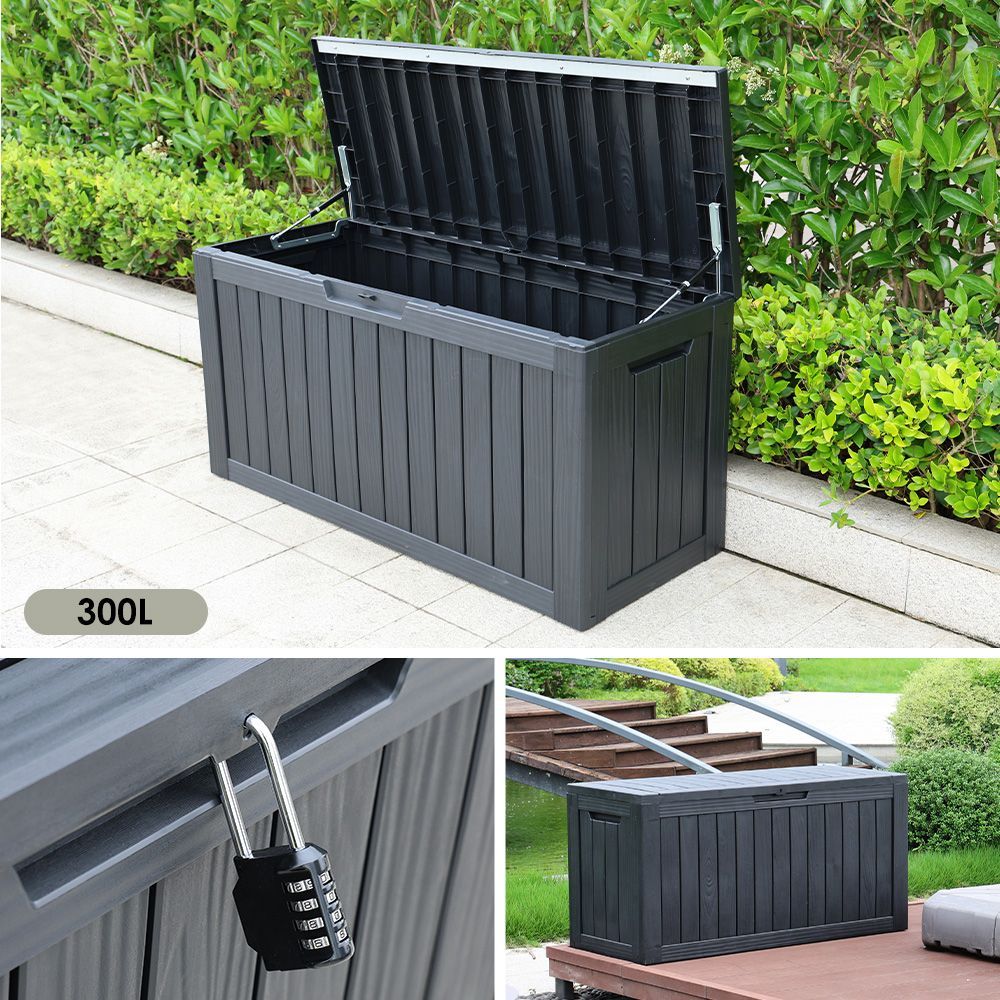 8 割 270L 114.7×46.5×57.6cm キャスター付き 屋外収納ボックス 防水 頑丈 ストッカー ゴミ箱 置き配対応 ベンチ収納 木目調 ブラック HRDEVELOPMENT_JP