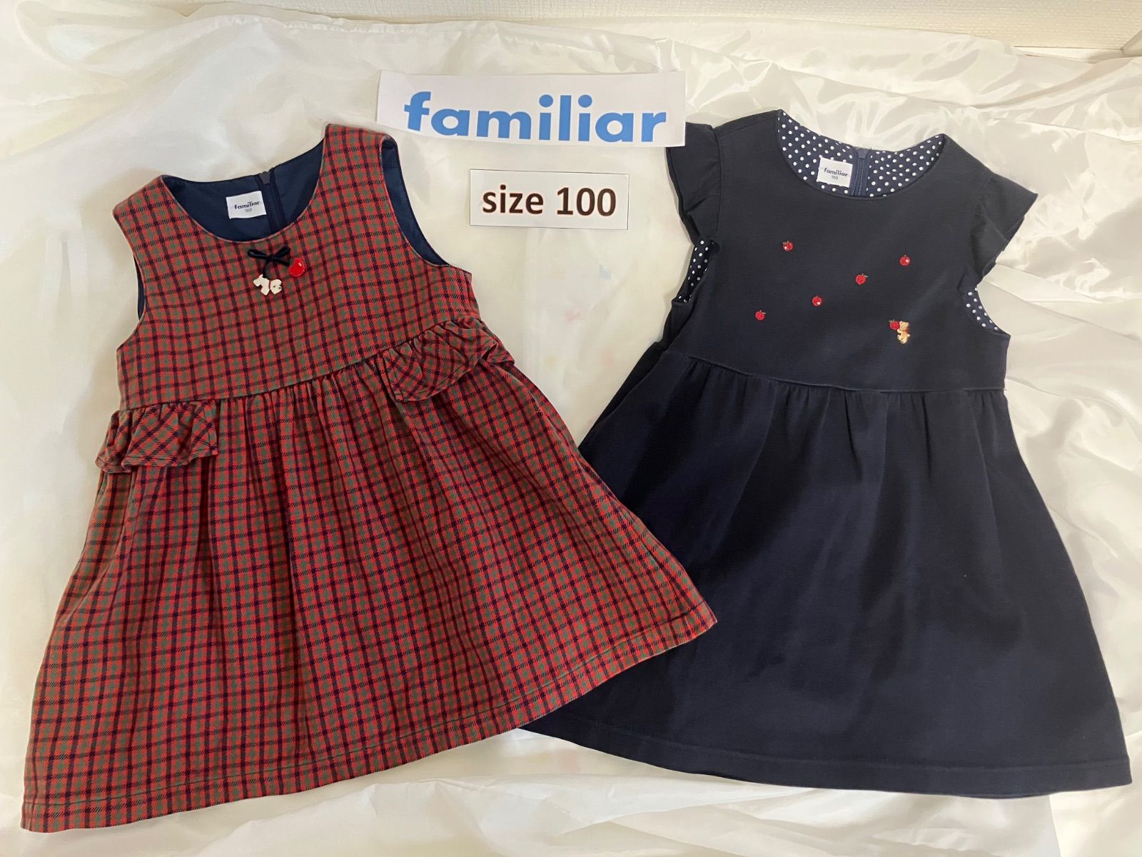 95ファミリアfamiliar100size 赤チェック りんごワンピース