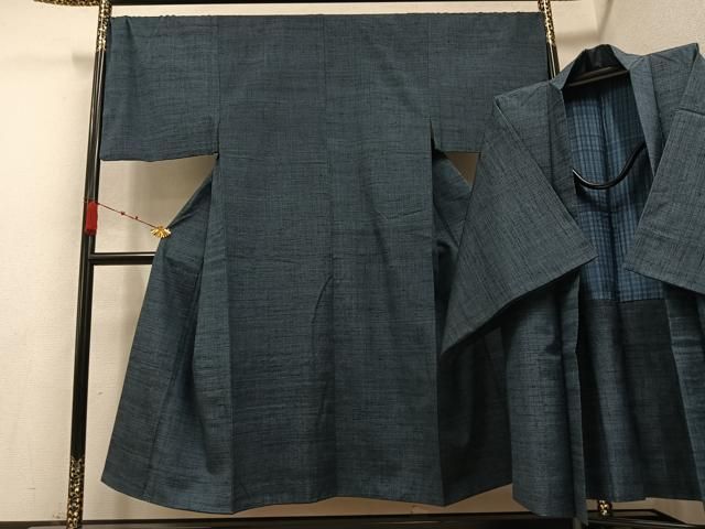 平和屋着物●男性 紬 アンサンブル 色無地 鉄御納戸色 正絹 AABB0396ph