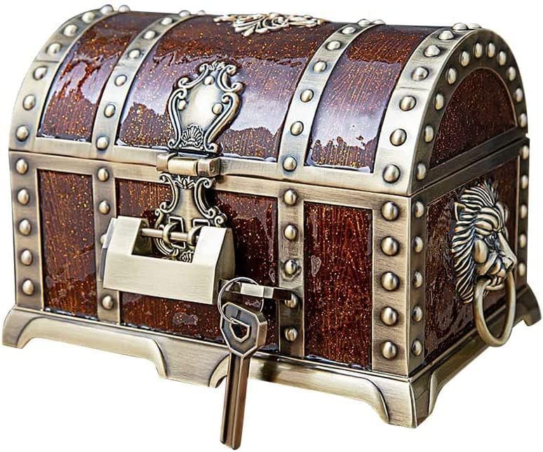 アンティーク 宝箱 鍵2本付き 収納ボックス ケース 海賊 RPG 宝石箱 ジュエリーボックス クリスマス コスプレ 子供 小物入れ コスメボックス 卓上 ゴールドブラウン