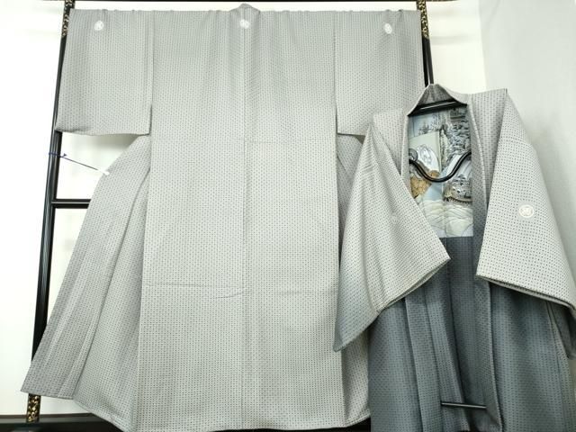 平和屋着物●男性 色紋付 お召地 羽織セット キングサイズ 長羽織 菱文 錫色 正絹 DAAV6526ps