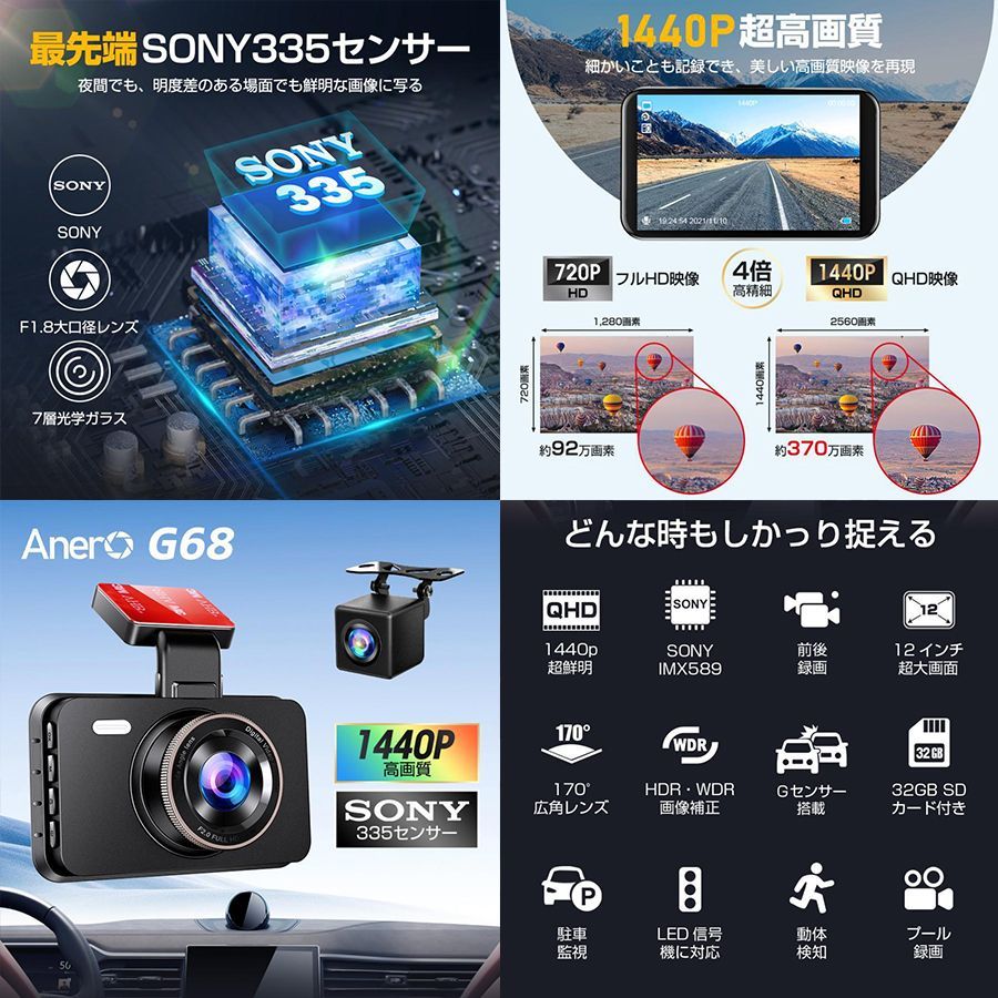 ドライブレコーダー 前後 2カメラ 日本製センサー 車載カメラ 1440PフルHD 高画質 液晶パネル 170°広視野角 デュアルドラレコ プレゼント 2024 最新版