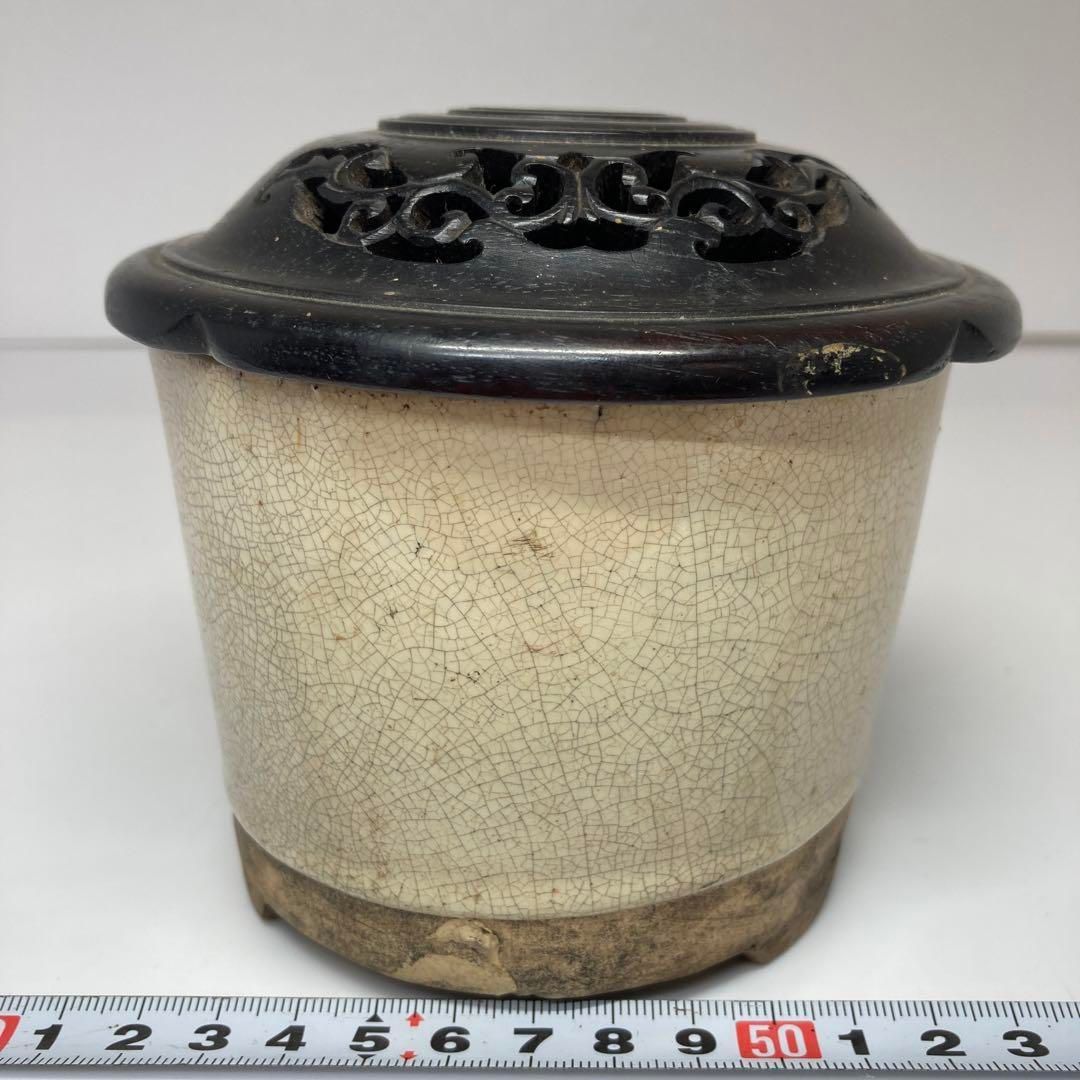 古瀬戸　白釉　三足香炉　極上唐木　直径10.8cm本H5-0626☆トヒカサ 古瀬戸 白釉 三足香炉 極上唐木 直径10.8cm本H5-0626☆トヒカサ