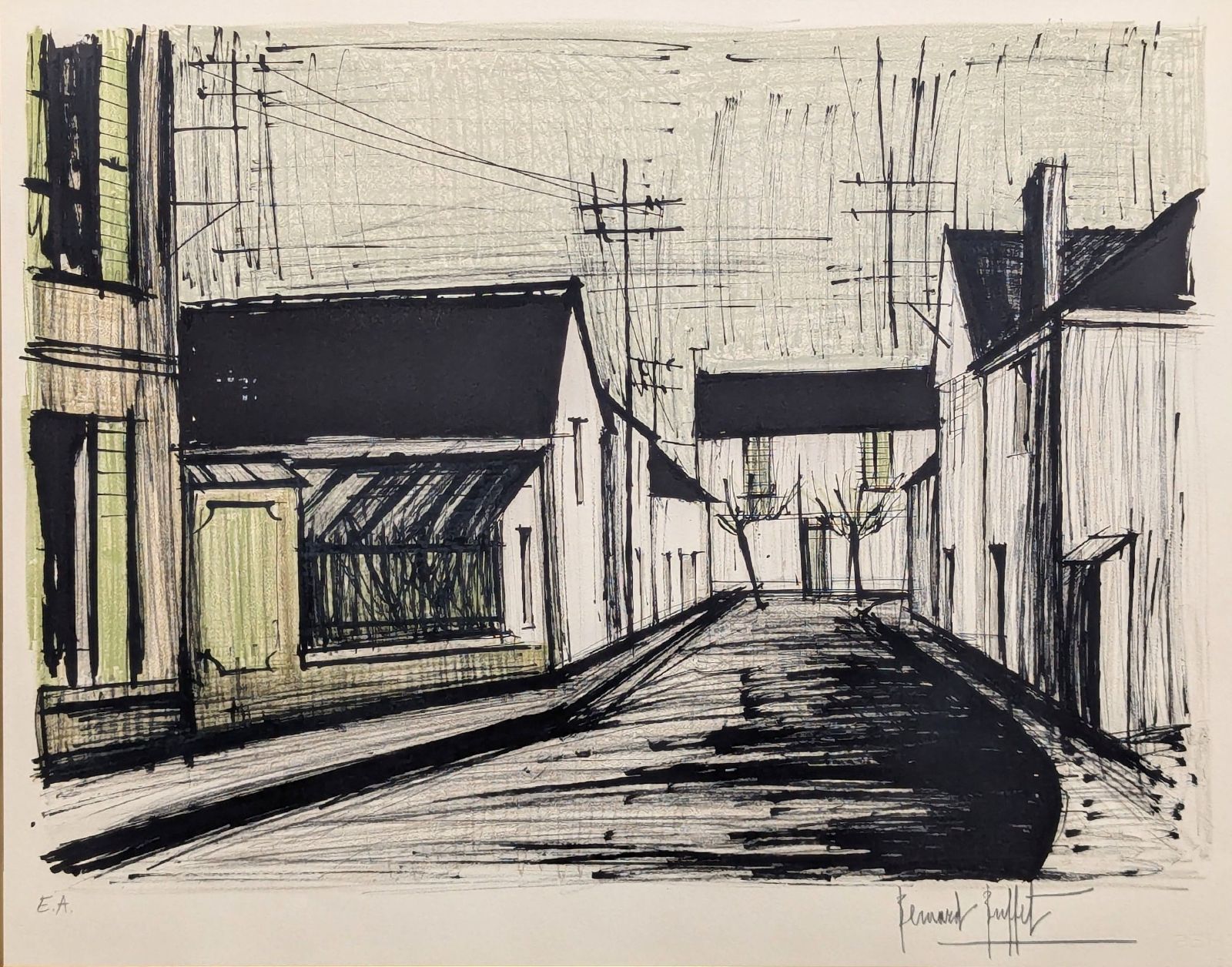 【真作】【直筆サイン】ベルナール・ビュッフェ「ブリュリアン通り」【額付】 真作】【直筆サイン】ベルナール・ビュッフェ「ブリュリアン通り