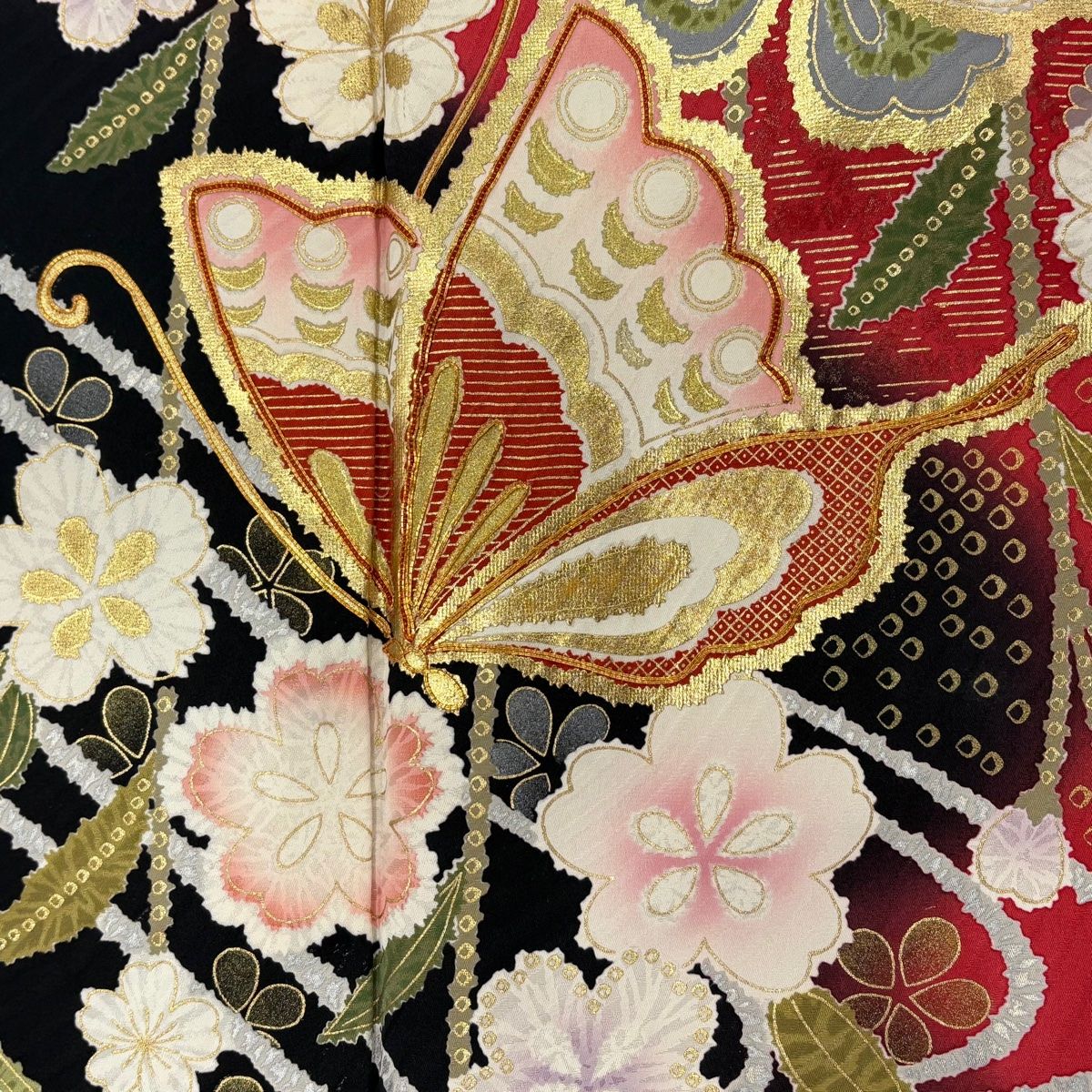 振袖 身丈162cm 裄丈67.5cm L 袷 蝶 桜 金糸 金彩 赤 正絹 秀品