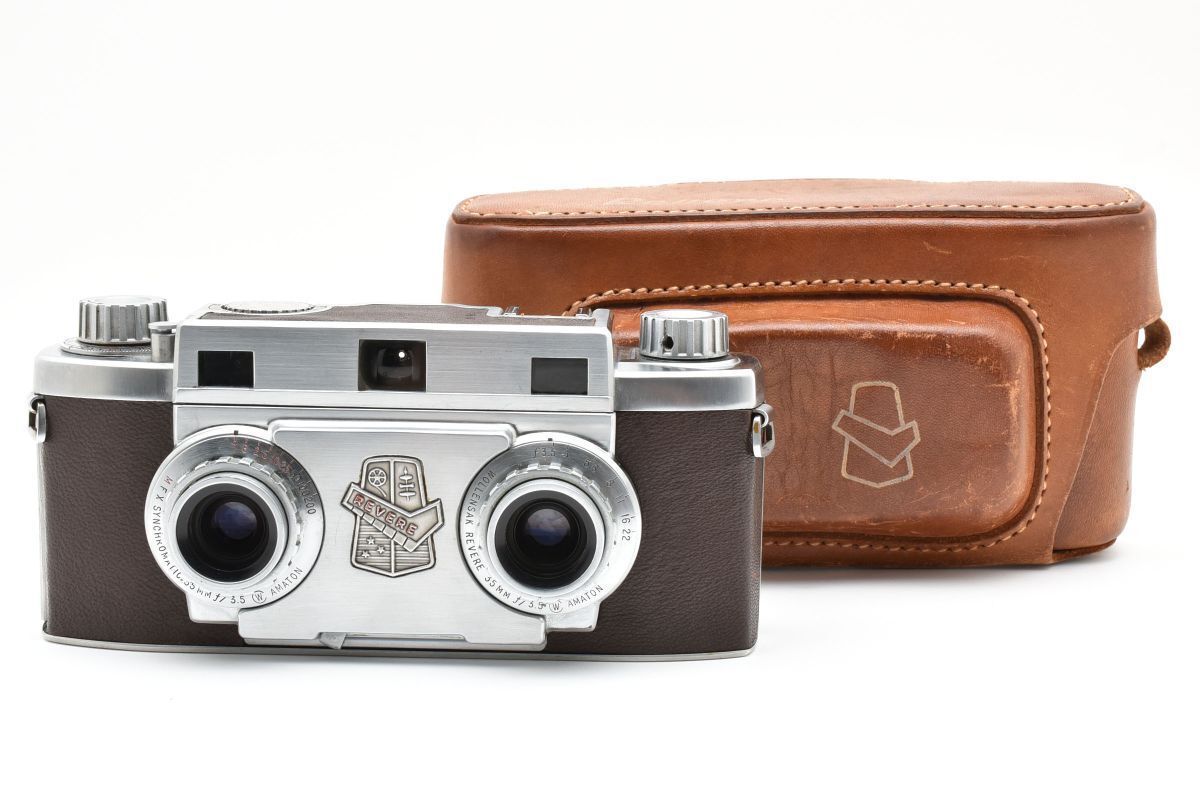 Revere Stereo 33 Wollensak 35mm F3.5 Amaton レザーケース付き シャッター 全速OK ステレオカメラ フィルムカメラ YM4558 120