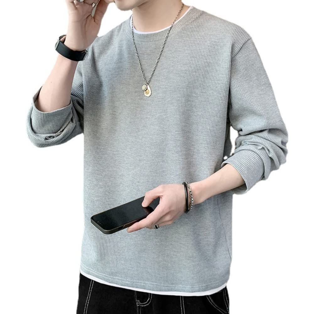 【人気商品】カジュアル シンプル 長袖tシャツ トレーナー おしゃれ 重ね着風 ゆったり 秋 春 ロングtシャツ 無地 トップス 大きいサイズ メンズ tシャツ 長袖 [SHUMIJ]