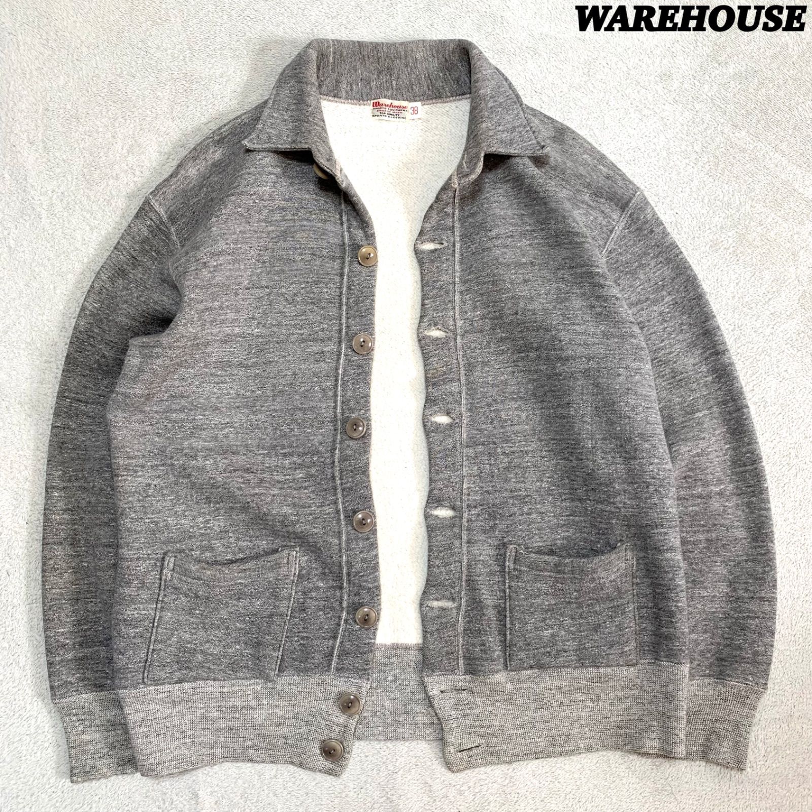 WAREHOUSE スウェットカーディガン ブルゾン ジャケット 襟付き パッチポケット サイズ38 グレー ウエアハウス