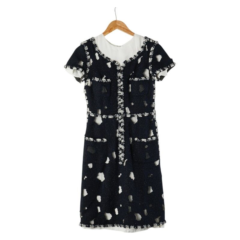 シャネル ワンピース ツイード サイズ 34 P41136W04915 ネイビー ホワイト コットン アクリル レディース CHANEL 1-0209564