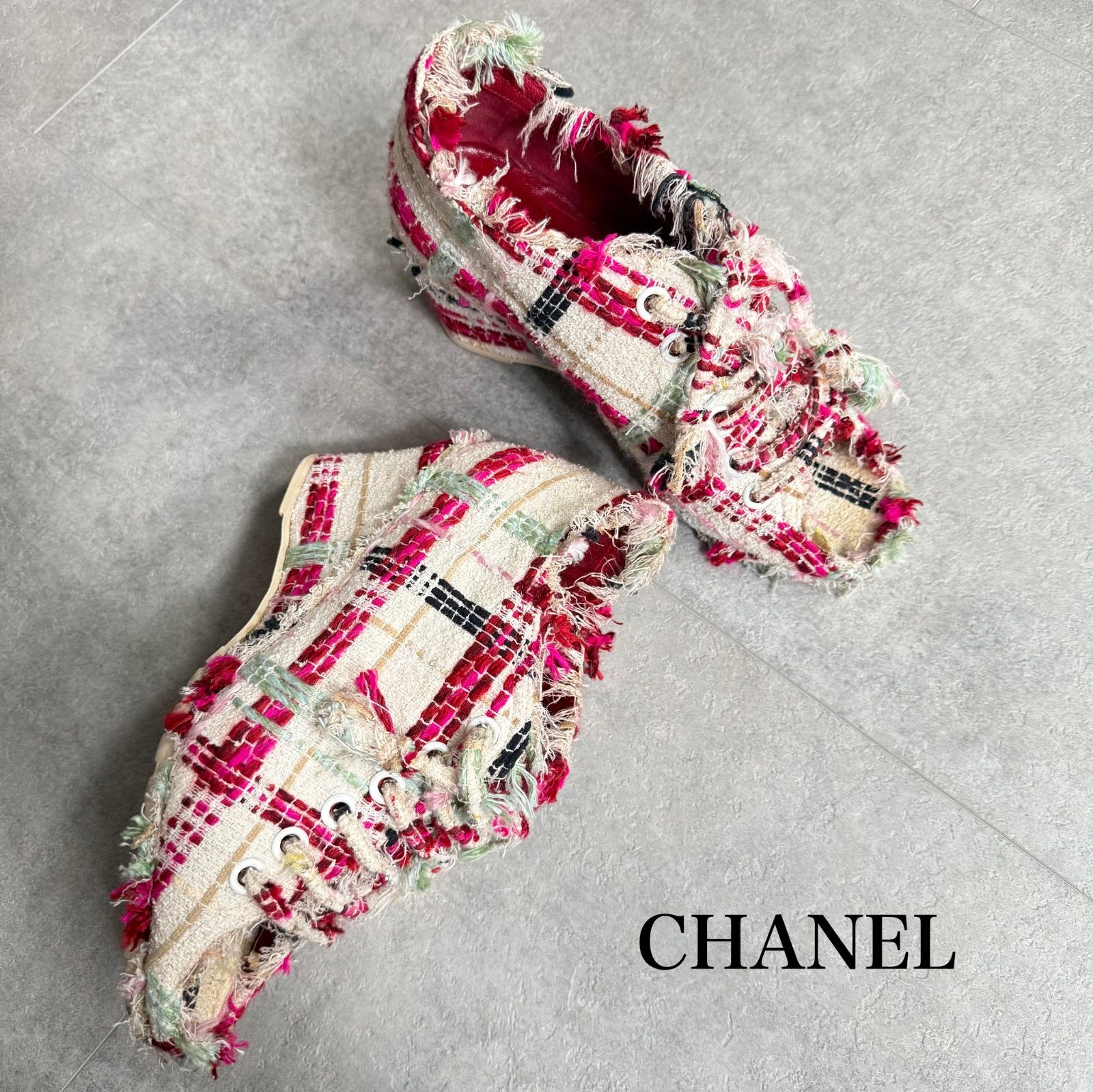 CHANEL シャネル ツイード ウェジソール ショートブーツ マルチカラー パンプス 35 1|2 22.5cm
