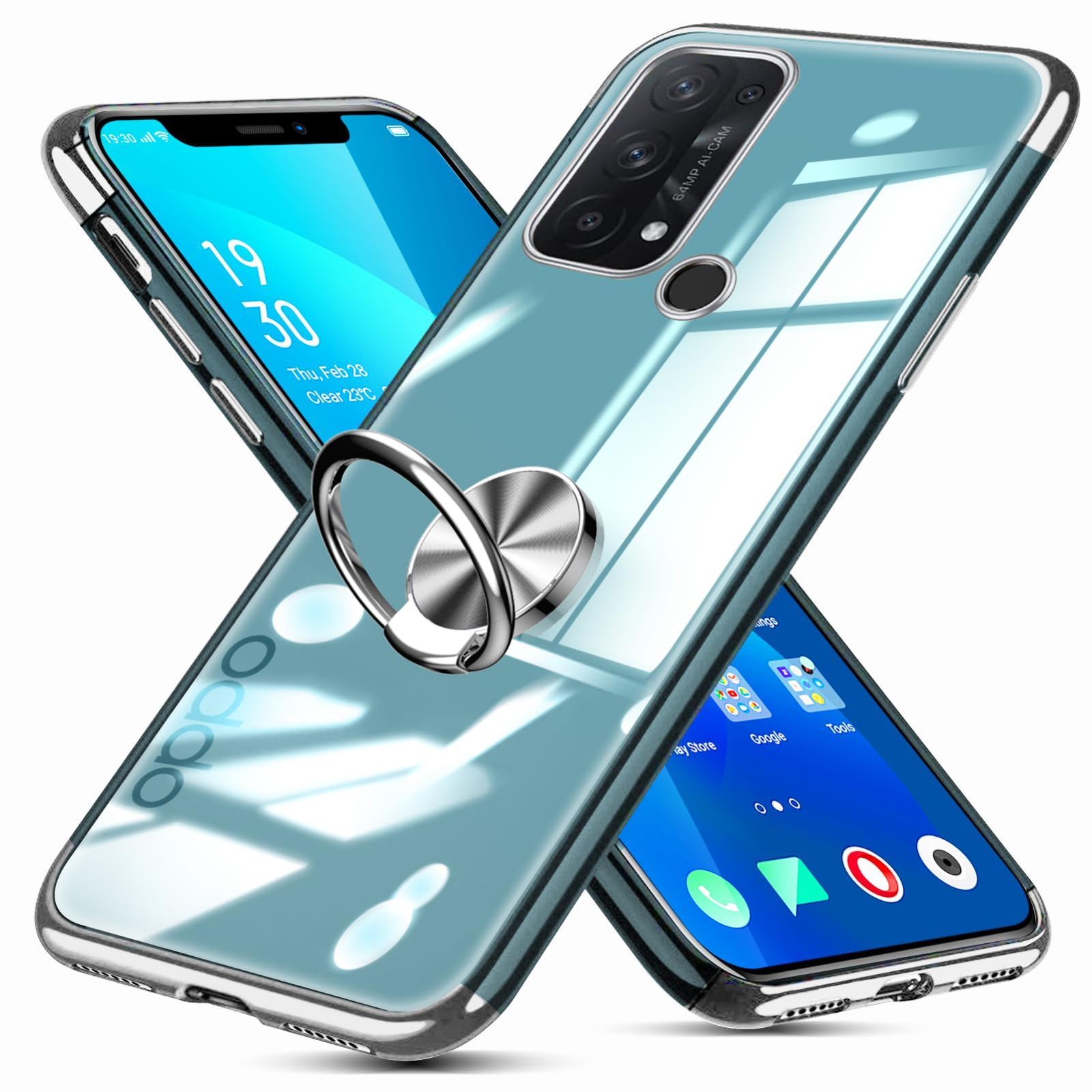 OPPO Reno5 A ケース リング付き クリア Reno5 A ケース TPU 透明 メッキ加工 耐衝撃 車載ホルダー対応 スタンド機能 防塵 薄型 軽量 落下防止 一体型 変形防止 オッポ リノ5 a カバー 銀 MJJ-1055-03-0