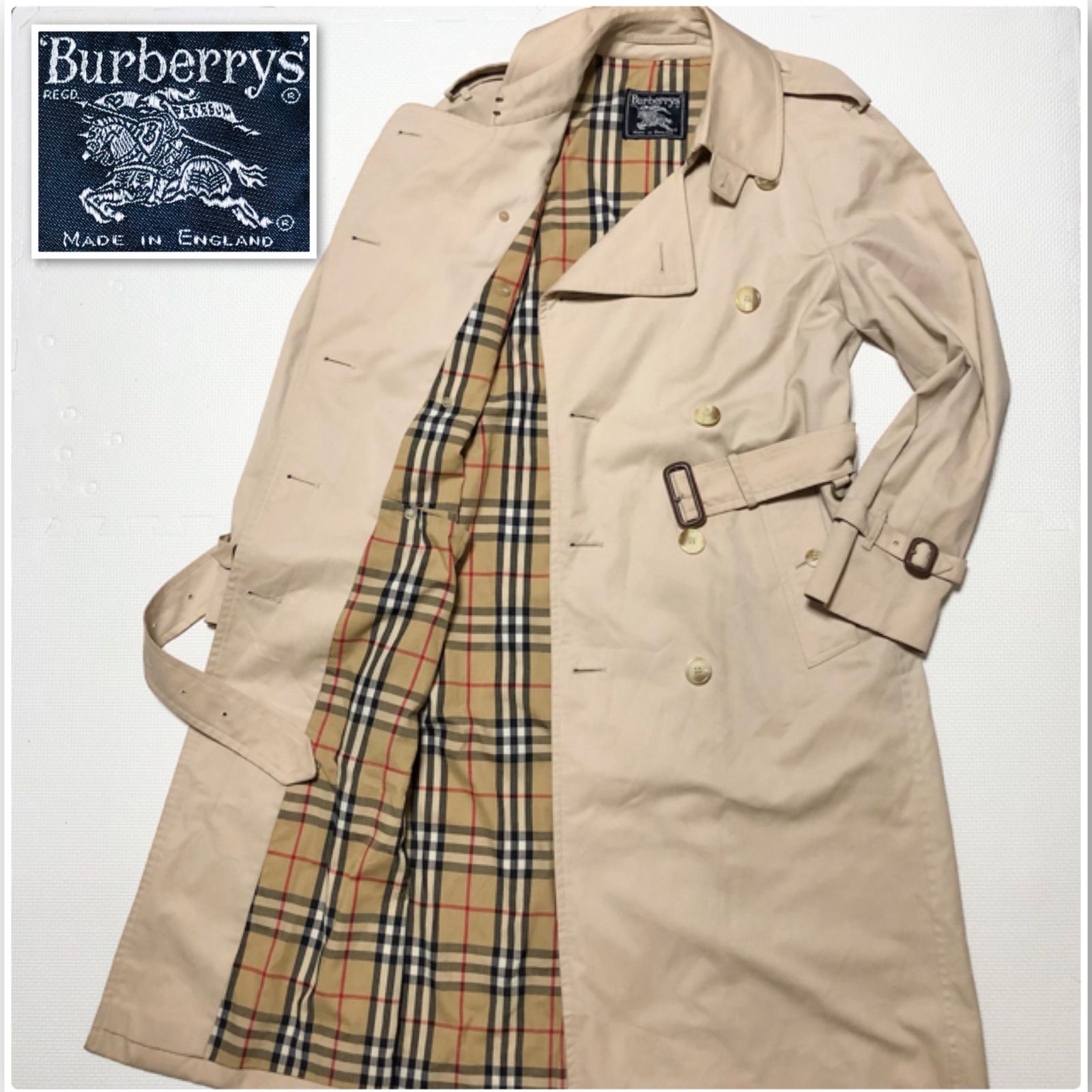 □良品□Burberrys バーバリー ダブルトレンチコート ロング ベージュ×裏地ノバチェック総柄 英国製 コットン×ポリエステルギャバジン ベルト  ベルテッド エポーレット メンズ 秋冬 - メルカリ