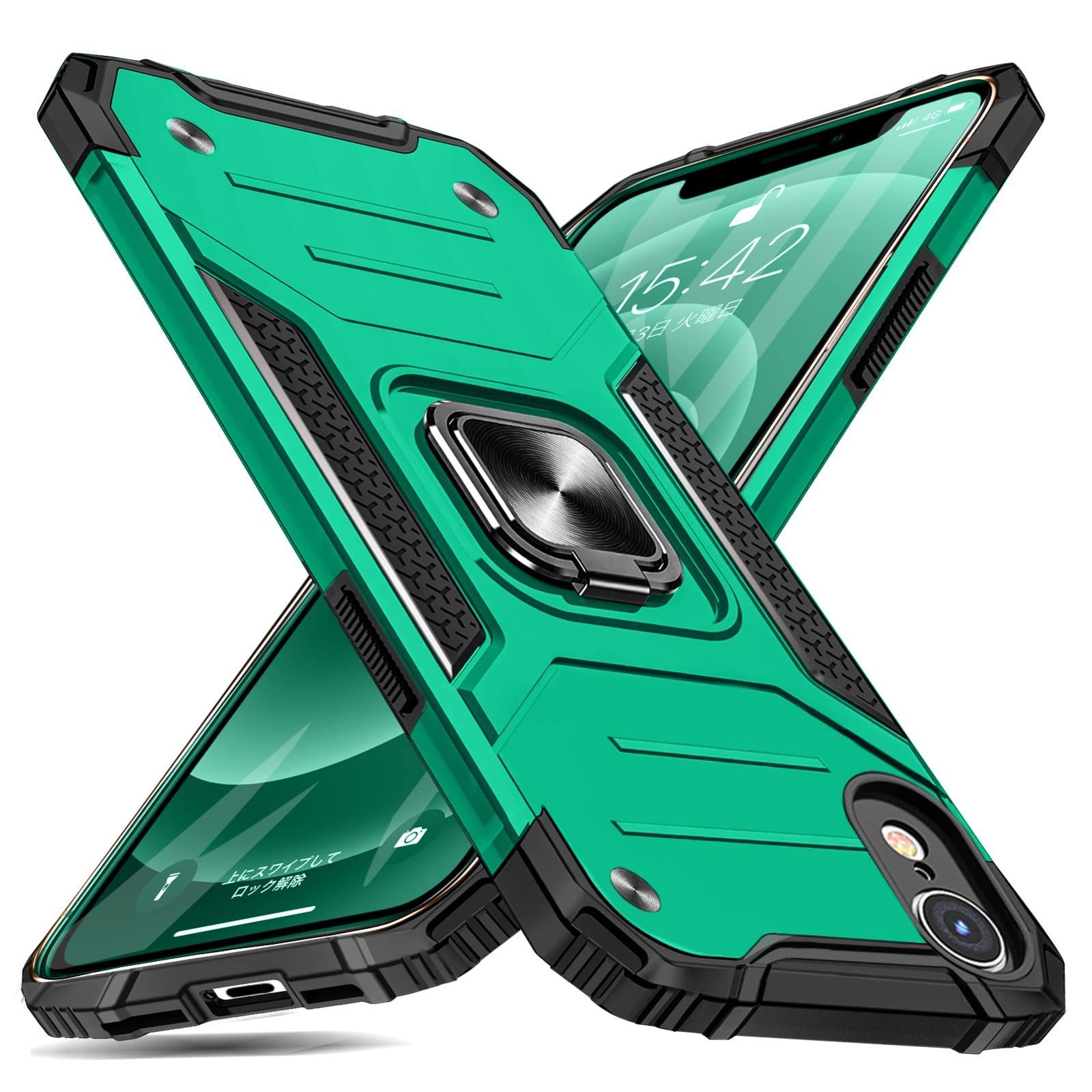 iPhone XR 用 ケース リング付き 衝撃吸収 耐衝撃 落下防止 米国軍事MIL標準取得 スタンド機能 PC+TPU 二重構造 防塵 薄型 軽量 一体型 360度回転 全面保護カバー アイフォン XR 用 ケース 緑 MJJ-SJ-105