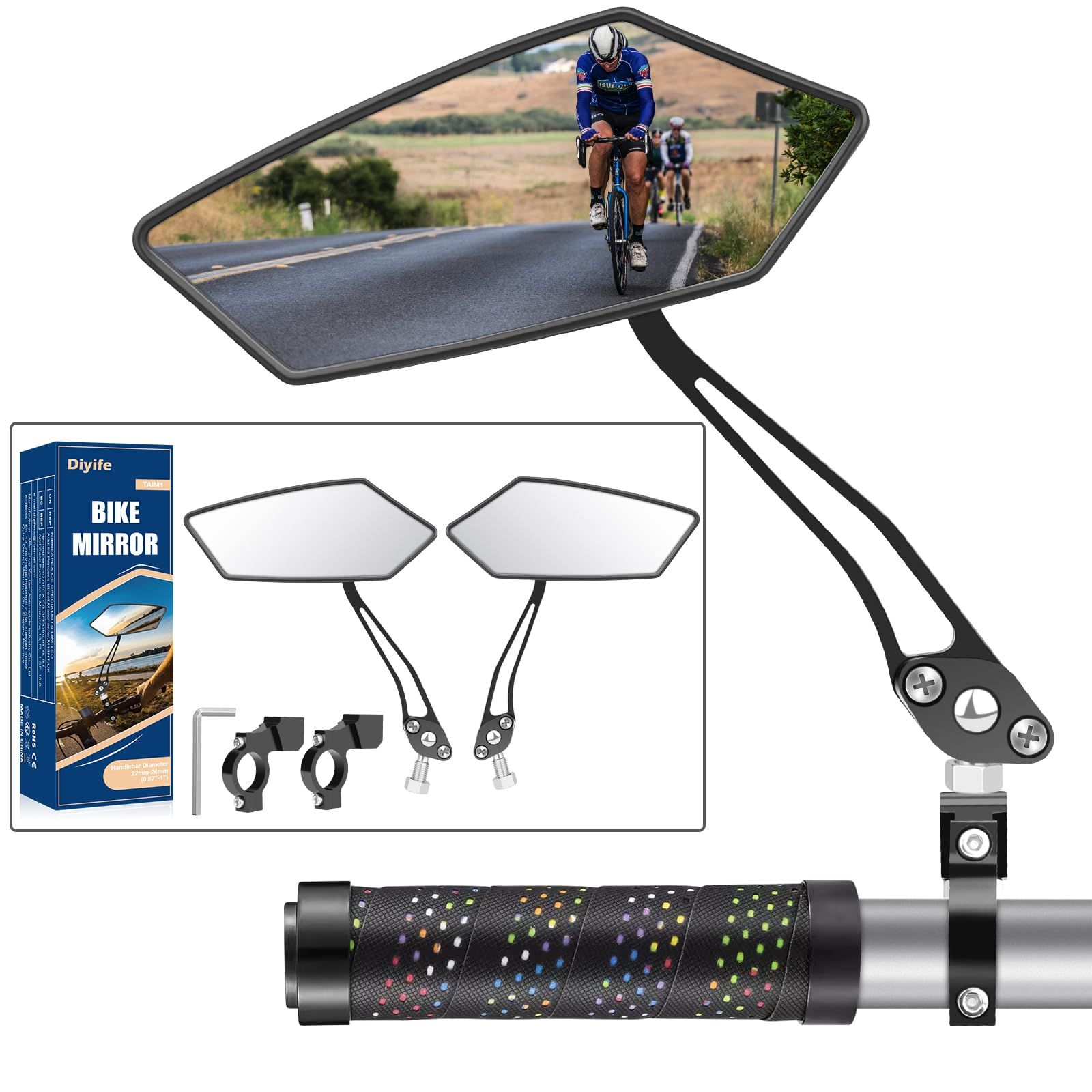 Diyife バイクミラー 2個 HD広角大型ハンドルバーバックミラー 耐爆 360°調整可能 自転車リアビューミラーアクセサリー マウンテンバイク スクーター モト用 [ブラック]