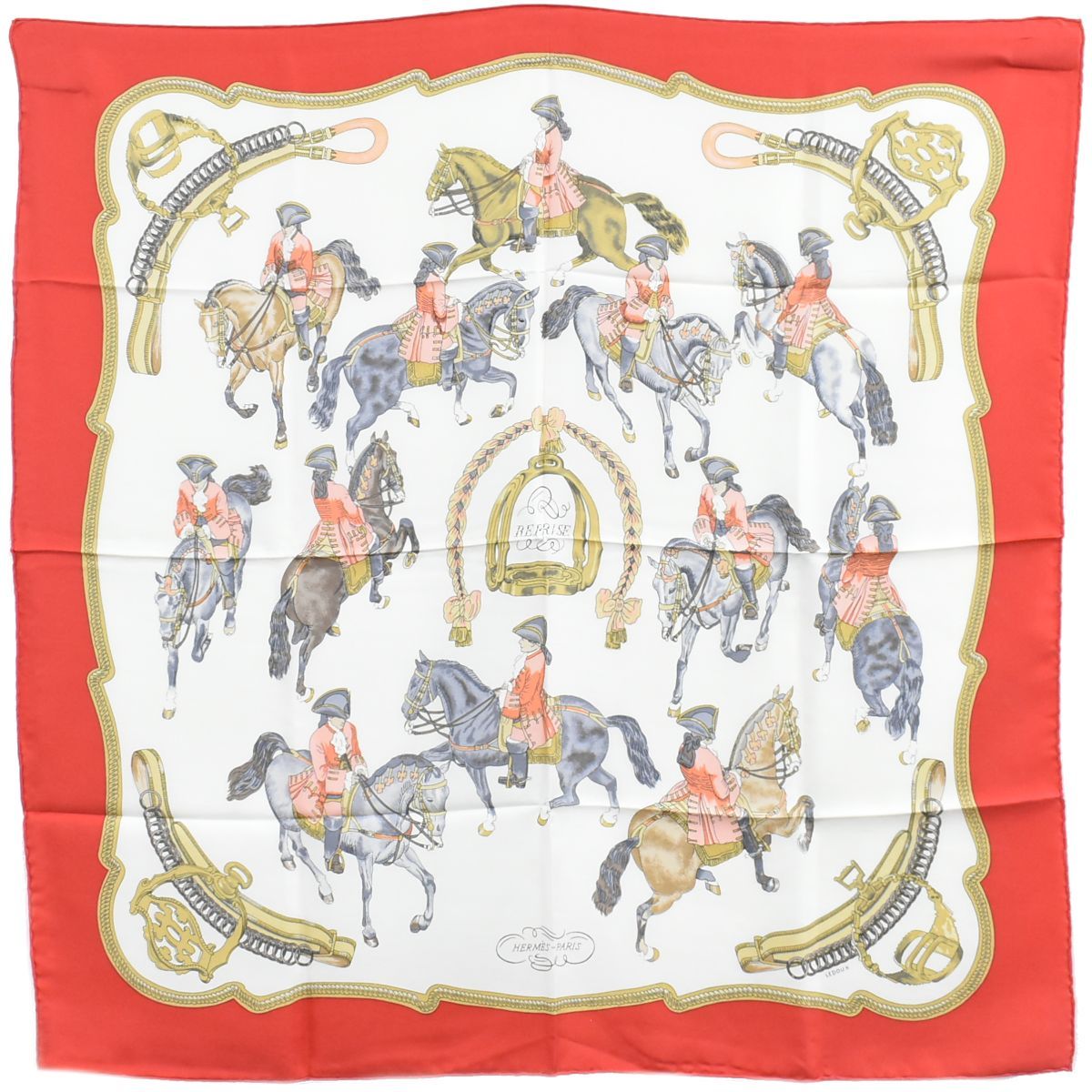 本物 エルメス HERMES スカーフカレ カレ90 REPRISE 乗馬風景 スカーフ ショール バンダナ シルク レッド ホワイト 服飾小物 フォロー割