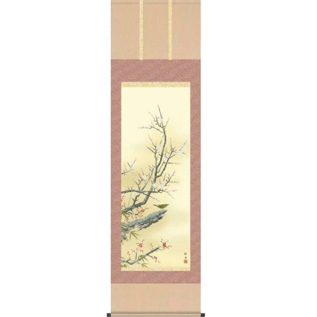 掛け軸 種類1：春・紅白梅に鶯 掛軸 【四季花鳥】 長江桂舟 尺五 花鳥画