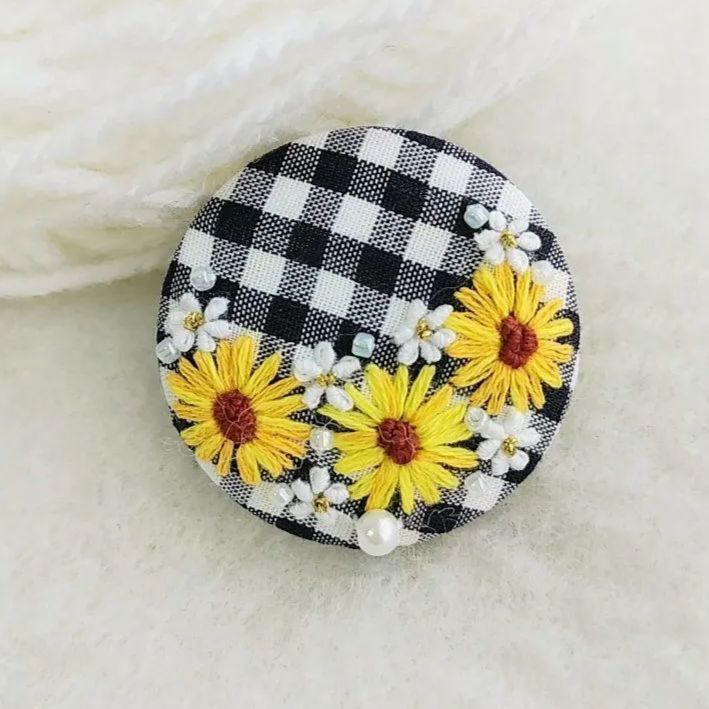 ひまわり刺繍チェック柄3.7センチヘアゴム