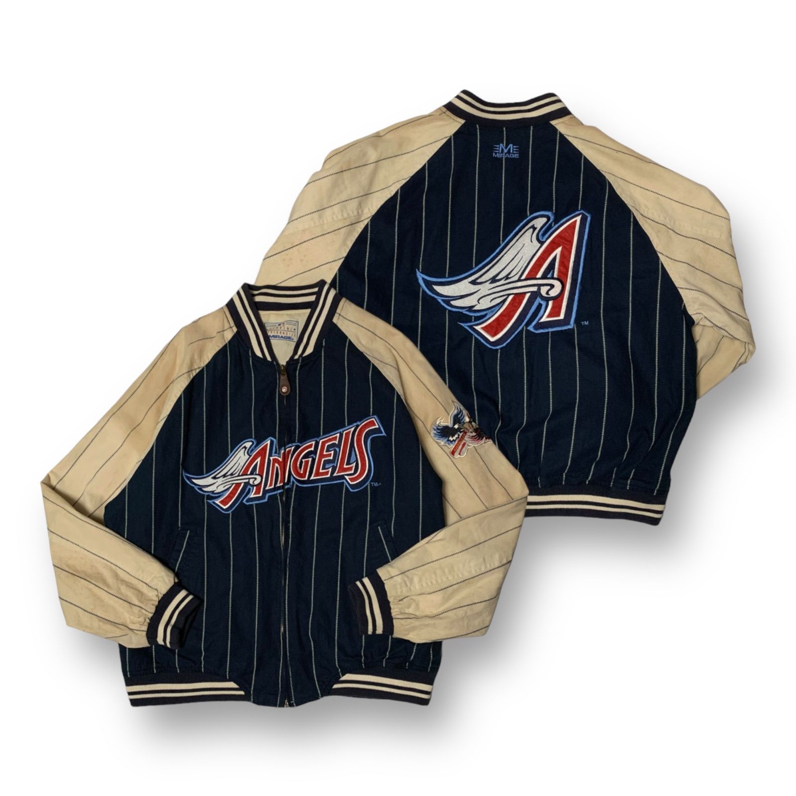 90s MIRAGE “ANAHEIM ANGELS” Reversible Cotton Stadium Jacket ミラージュ アナハイム・エンゼルス コットンスタジアムジャケット スタジャン リバーシブル ネイビー ライトベージュ Lサイズ MLB