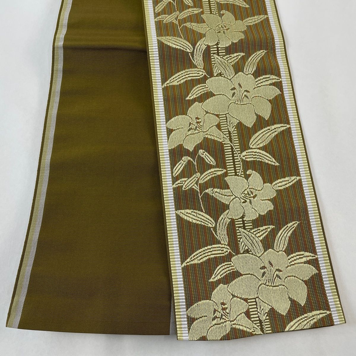 半幅帯 美品 名品 証紙 博多織 百合 縞 茶緑色 正絹 【】