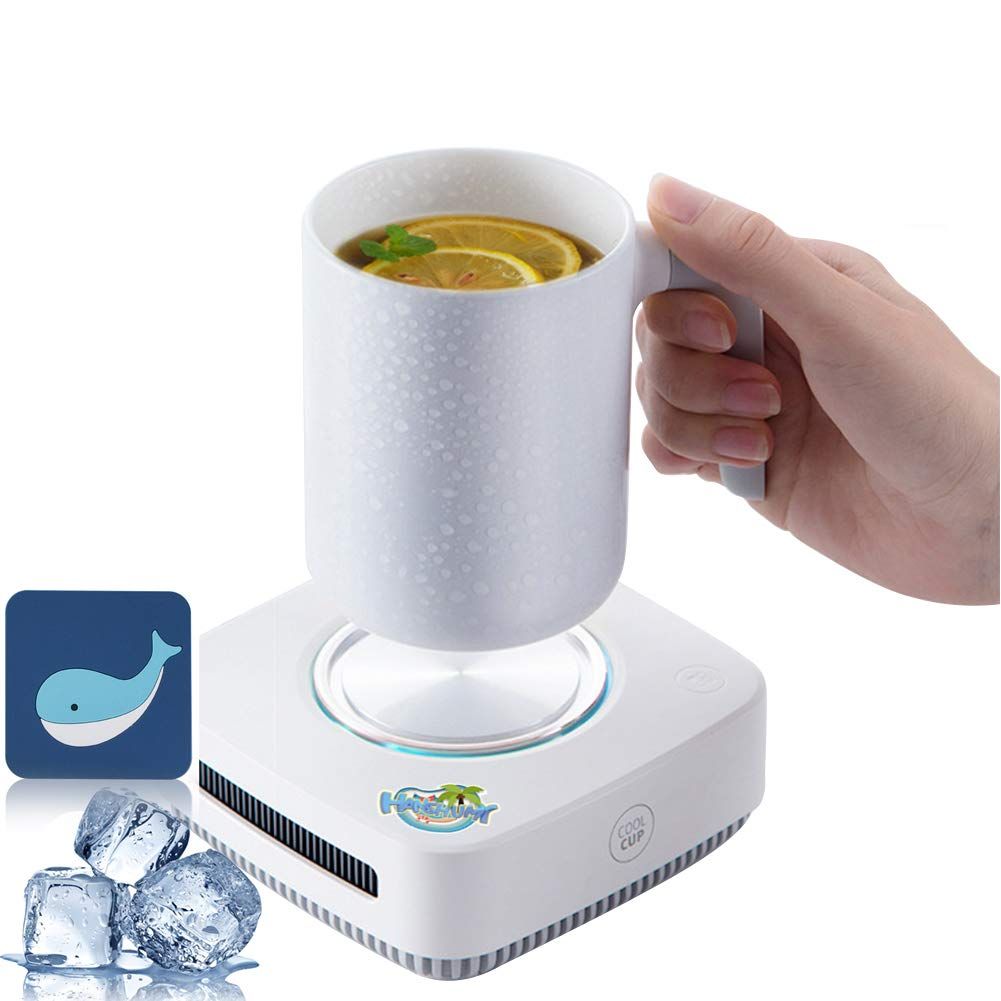 HANSHUMY ドリンクホルダー 8℃～55℃ カップホルダー 保温 保冷 急速冷却 セラミックスカップ LED表示 スマートリマインダー機能 2種類の冷蔵方法 オフィス 家庭 シリコーンコースター付 ホワイト