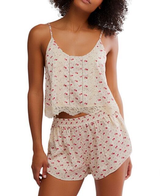 送料無料 フリーピープル レディース ナイトウェア アンダーウェア Women s Midnight Muse 2-Piece Scoop Neck Top and Shorts Set White