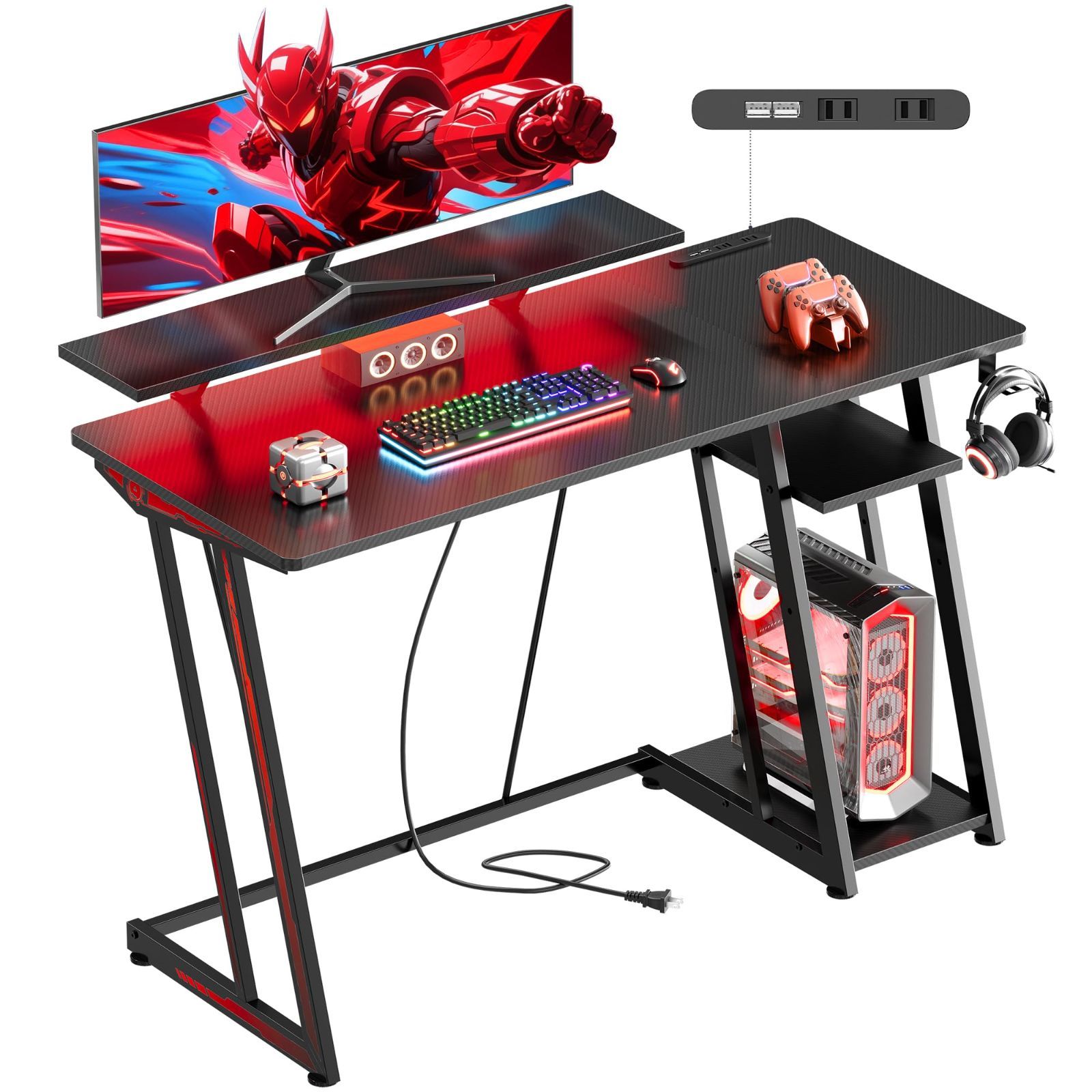 商品 省スペース RGB光る パソコンデスク 収納付き 幅100cm デュアルモニター対応 頑丈Z型フレーム LEDゲーミングデスク 簡単組立 学習机 オフィスデスク YeTom 黒い