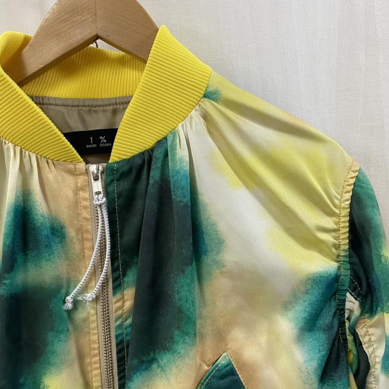 1 SHUHEI OGAWA イチパーセントシュウヘイオガワ ジャケット 上着 ブレザー MA-1タイプ 変形ブルゾン ギャザー ワイドスリーブ グラデーションプリント ショート丈 イエロー×グリーン 2
