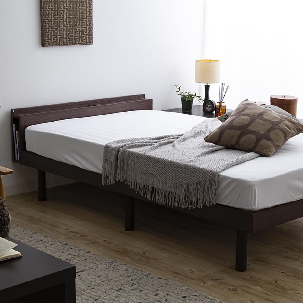 アイリスプラザ ベッド ベッドフレーム 棚付き 2口コンセント ブックシェルフ付 3段階 高さ調整 すのこベッド シングル ウォールナット TKSB-S