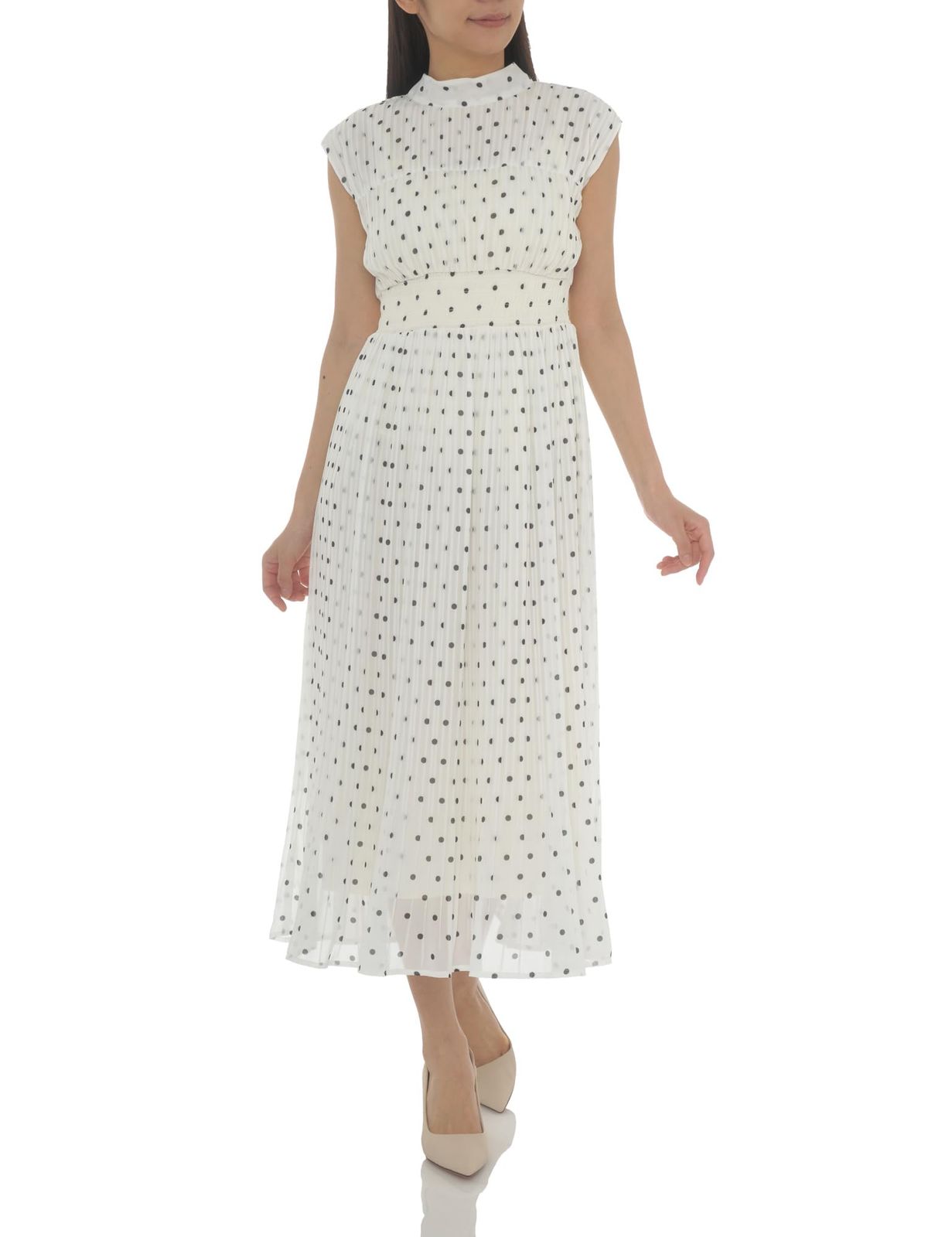 ナチュラルビューティーベーシック カジュアルドレス バックリボンプリーツワンピース差込 レディース オフ×クロドット