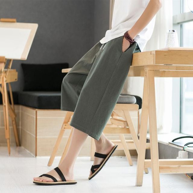 種類109：XL/T：ダークグレー アーミーグリー メンズ ファッション 服 男性用 オシャレ シンプル 大人 かっこいい 大きいサイズ ストリート 紳士服 スリット 綿麻 パンツ 夏 薄手 五分丈 リネ