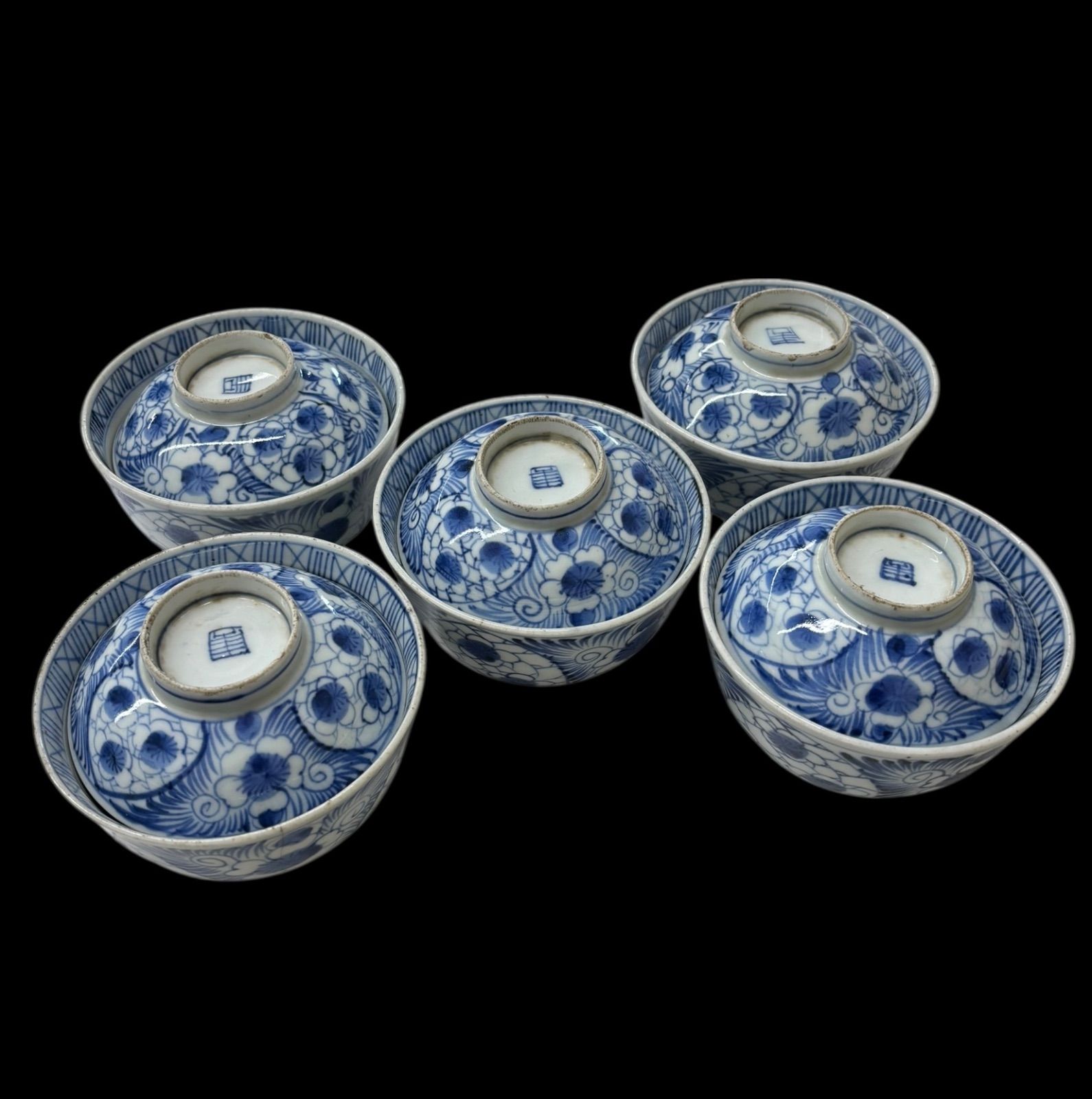 5客セット】古伊万里 染付 蓋付き お椀 草花文 蓋物 蓋付き椀 丼